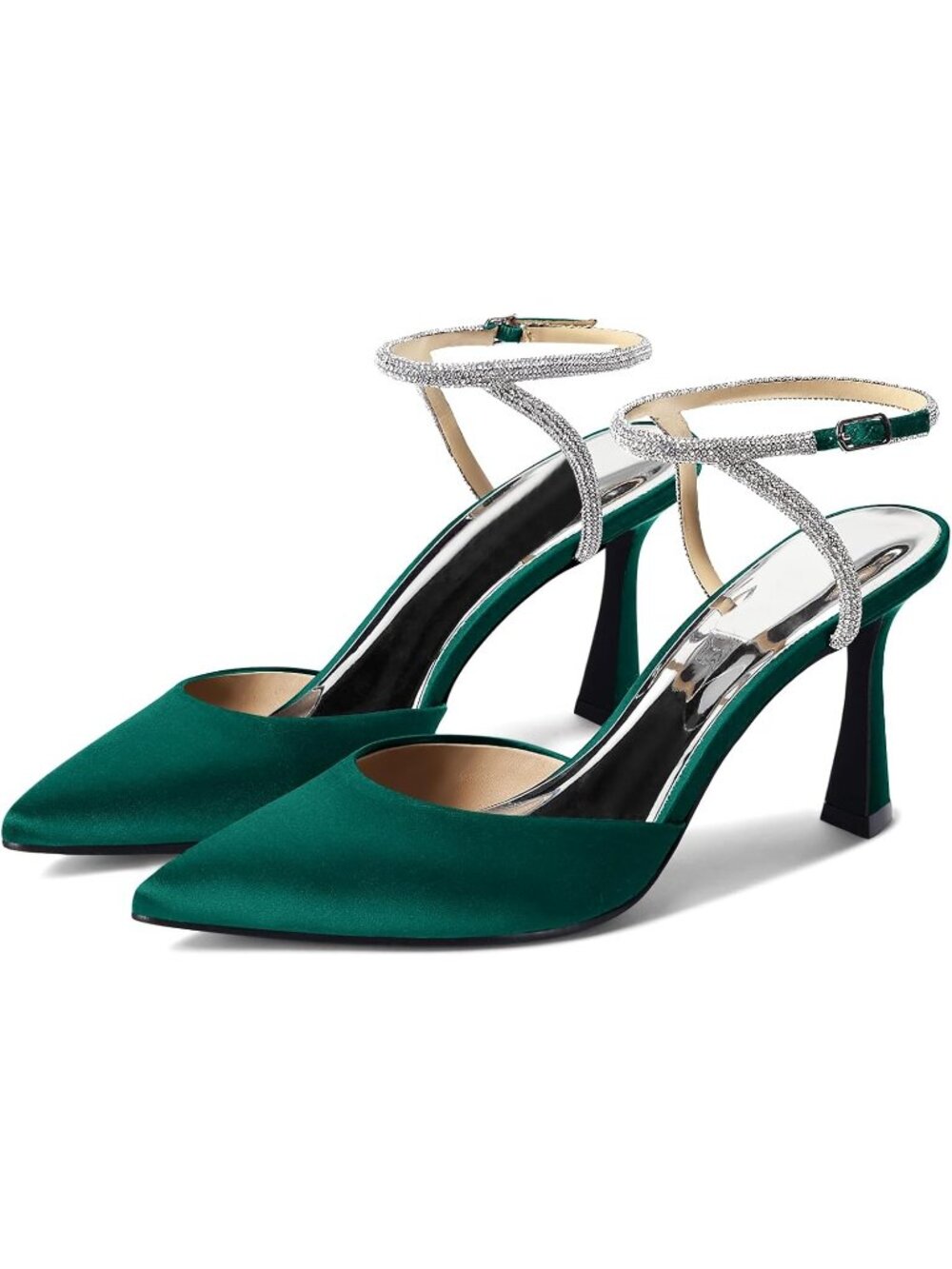 Women's Green Rhinestone Heels Kitten High Satin Pumps Pointed Toe Sparkly Shoes